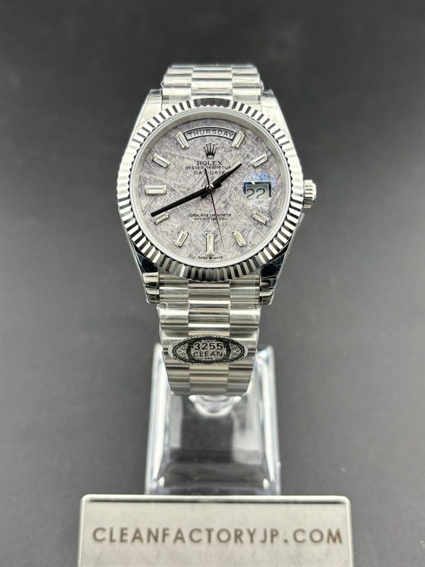 CLEANクリーン工場　ROLEXロレックスデイデイト　228239　40ｍｍメテオライト文字盤ダイヤ目盛り フルーテッドベゼル　プレジデントプレスレット　1:1精度